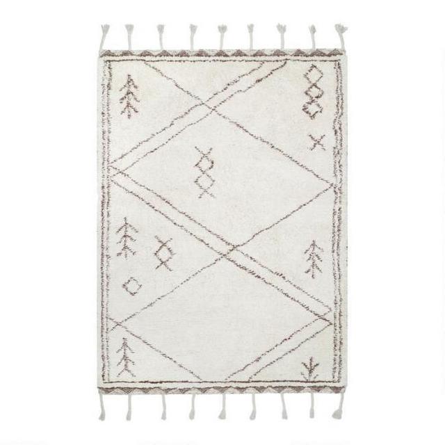 Off White And Brown Geometric Tufted Wool Taza Area Rug