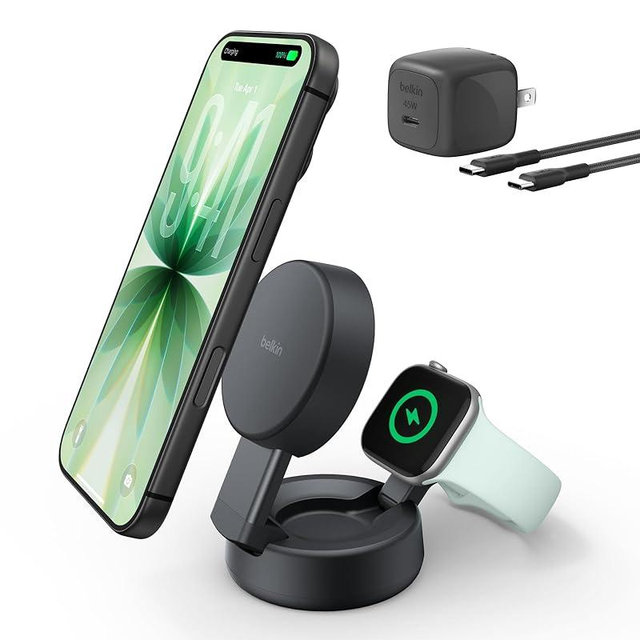 Belkin MagSafe Charger Compatible, 2-in-1 Wireless Charging Station, Qi2.2 25W Convertible Magnetic Charger for iPhone 17, Apple Watch Series 10, Google Pixel 10, and More (45W Adapter Included)