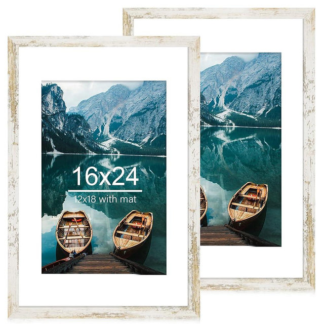 Hongkee 16x24 Frame Set of 2, Distressed White Wood Style - Display 16 x 24 Picture without Mat or 12x18 Picture with Mat, Wall Mounting Horizontal and Vertical