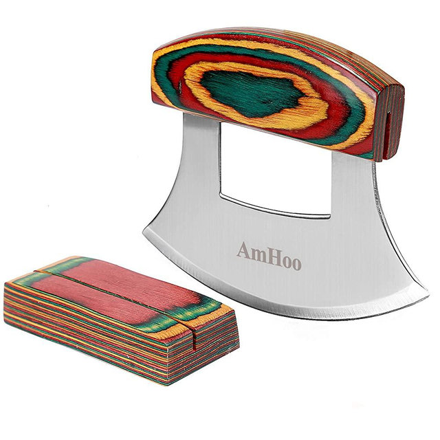 Amhoo Pizza Cutter Chef Mezzaluna Knife Handle Color Wood Grip Sharp Rocker Slicer Stainless Steel Blade Salad Onion Vegetable Chopper with Holder Base Christmas Gifts