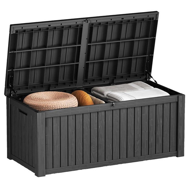 Decksplore 150 Gallon Lockable Resin Deck Box, Waterproof Outdoor Storage Box for Patio Furniture, Garden Tools, Pool Accessories, UV-Resistant Outside Delivery Black