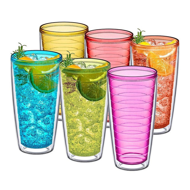 Amazing Abby - Alaska - 24-Ounce Insulated Plastic Tumblers (Set of 6), Double-Wall Plastic Drinking Glasses, Mixed-Color Reusable Cups, BPA-Free, Shatter-Proof, Dishwasher-Safe