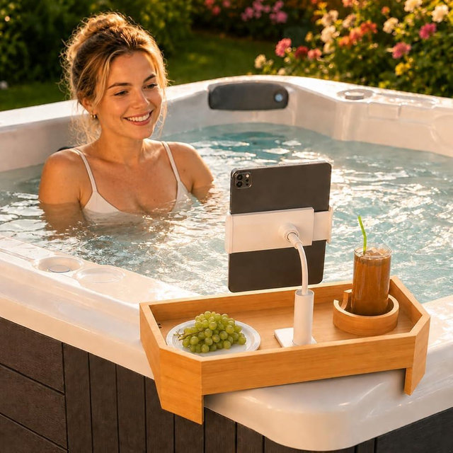 Vespara Bamboo Hot Tub Tray Table with Adjustable Phone Holder, Non Slip Hot Tub Table Spa Gifts for Women, Bathtub Canddy Tray with Wine Glass Holder Tray for Luxury Bathtub& Bathroom Accessories