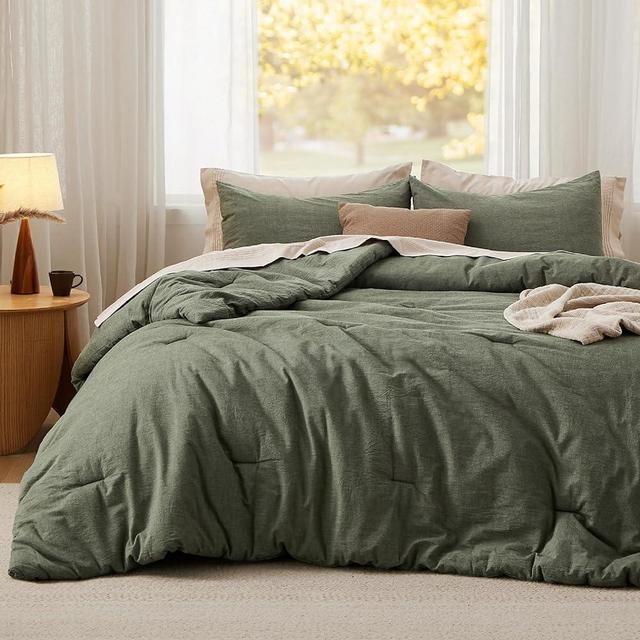 Bedsure Cotton Comforter Set Queen Size - Grayish Olive Green Washed Cotton Comforter, Soft Bedding for All Seasons, 3 Pieces, 1 Comforter (90"x90") and 2 Pillow Cases (20"x26")