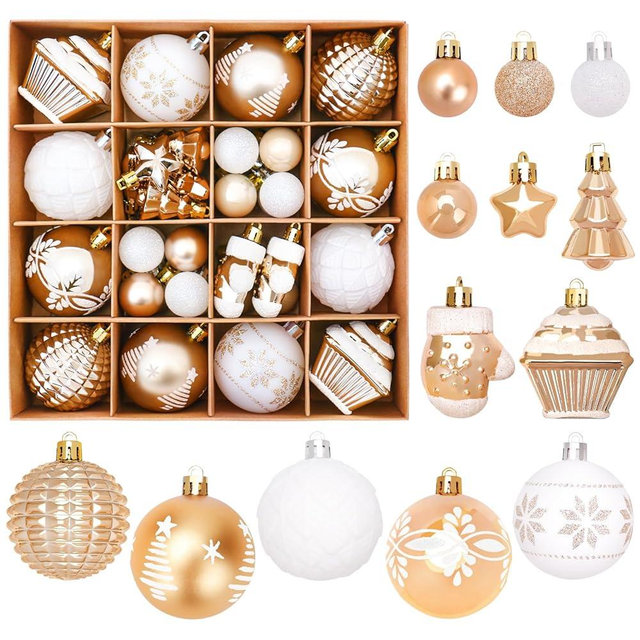 FestiveBliss Christmas Ball Ornaments, 42 Pcs Christmas Decoration Balls for Xmas Tree Ornaments, Shatterproof Plastic Christmas Balls for Holiday Wreath Garland Decor, (Gold & White)