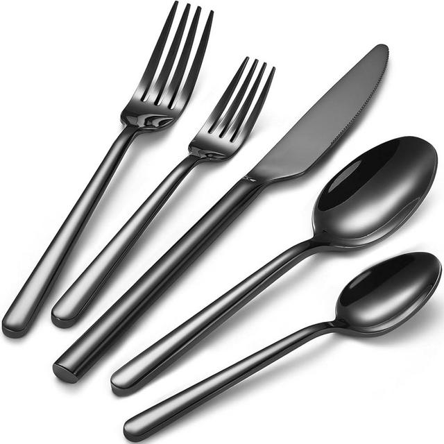 Black Silverware Set for 8, Heavy-Duty 18/0 Stainless Steel Black Flatware Cutlery Set, Modern Round Handle Black Utensils Set, Dishwasher Safe for Home, Restaurant, Mirror Black, 40-PCS
