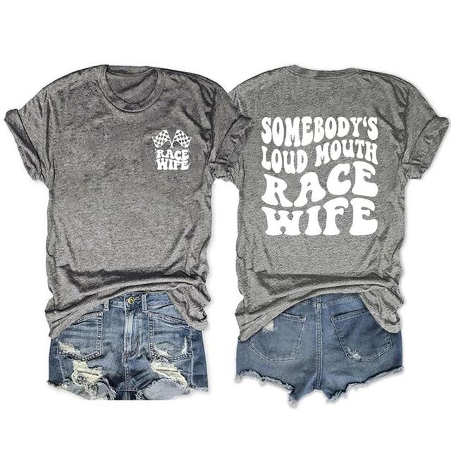 Race Wife T-Shirt for Women Trendy Letter Printed Graphic Racing Tee Front and Back Design Summer Tops