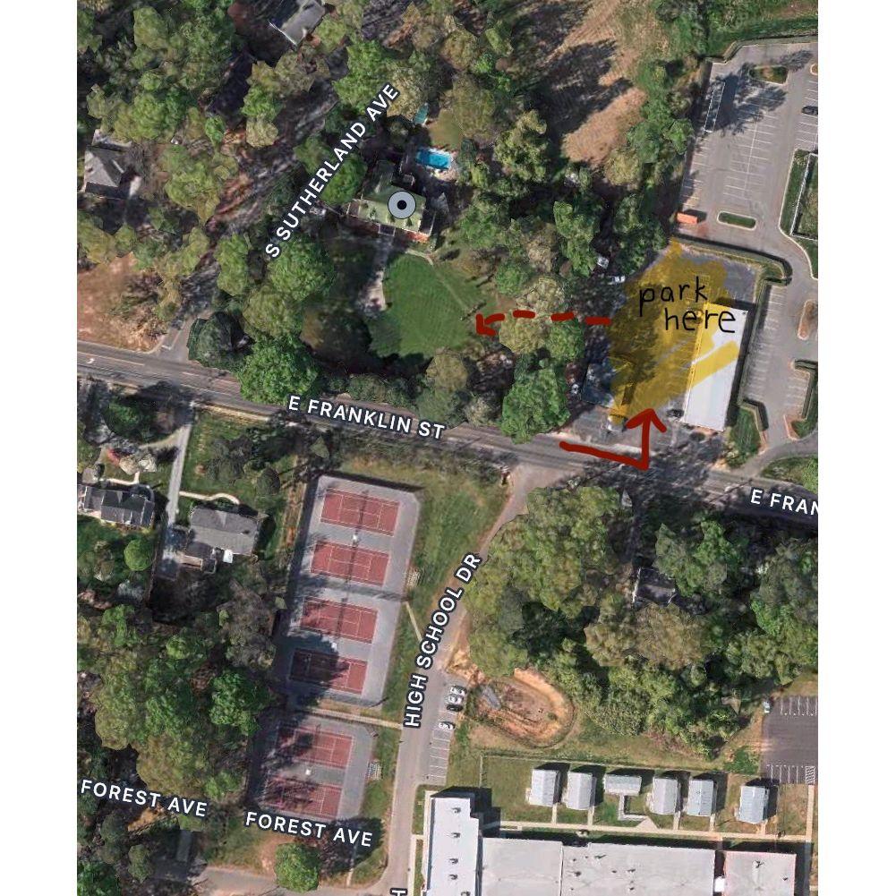 If the directions lead you to S Sutherland Ave there is room to turn around and get back on to E Franklin. Off of E Franklin, parking is behind the Businesses.