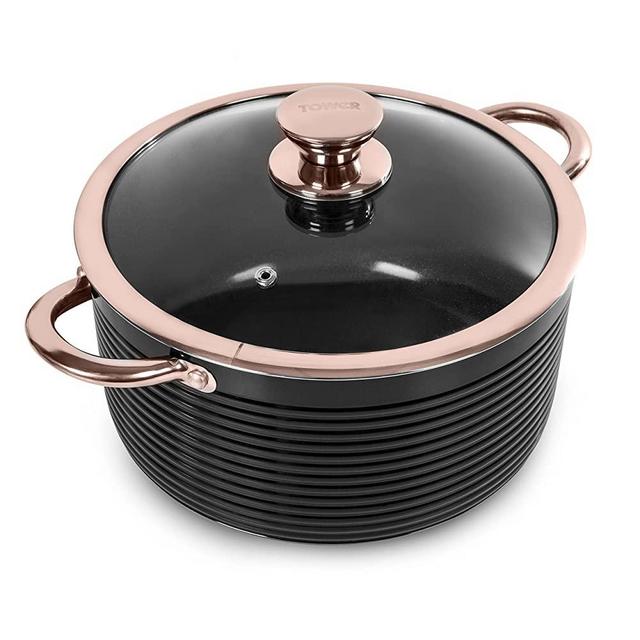 TOWER Linear Casserole Dishwith Easy Clean Non-Stick Ceramic Coating, Aluminium, Black and Rose Gold, 24 cm