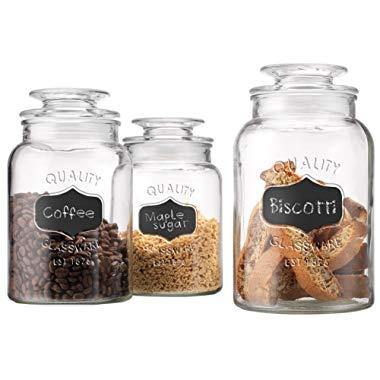 Set of 3 Round Clear Apothecary Glass Canister Jars with Chalkboard with Tight Lids for Kitchen or Bathroom ~ Food,cookie,cracker, Storage Containers