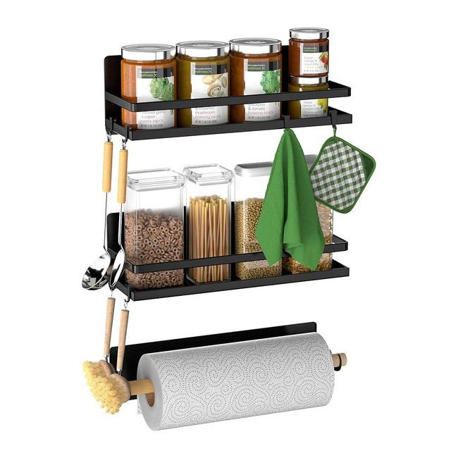 SANNO Magnetic Spice Rack, Magnetic Shelf Refrigerator Seasoning Organizers Spice Stand with 8 Removable Hooks, Refrigerator Jar Holder Utensils Towel Shelf Fridge Side Shelf