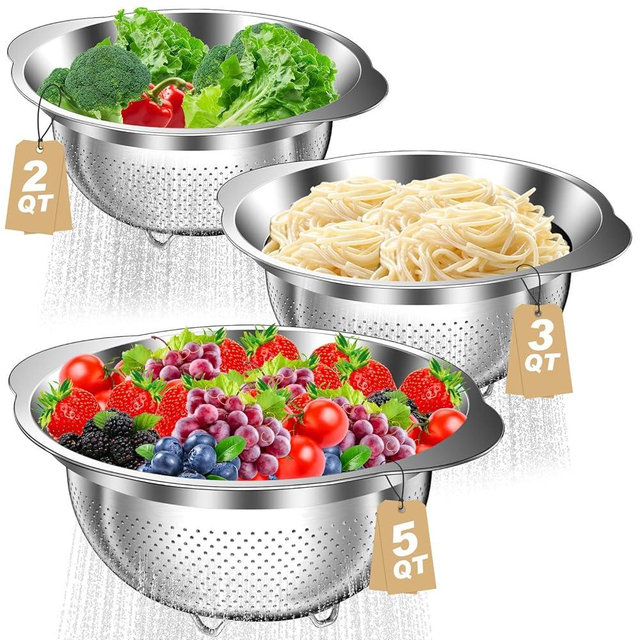 Colander, Stainless Steel Colander for Kitchen, 3Pcs Kitchen Gadget Food Strainer Basket with Handle, Kitchen Strainer Colanders Bowl for Pasta Noodles Spaghetti Vegetables Fruit (1QT, 2QT, 5QT)
