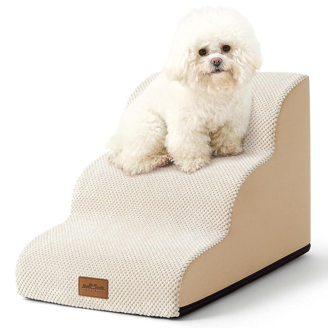 Cozy Kiss High Density Foam Dog Stairs Step Ramp for Dogs Cats 3 Tiers Pet Stairs Step Ramp for Beds Furniture Durable Non-Slip Dog Ramp for Bed with Waterproof Fabric Cover Light Khaki (Three Steps)