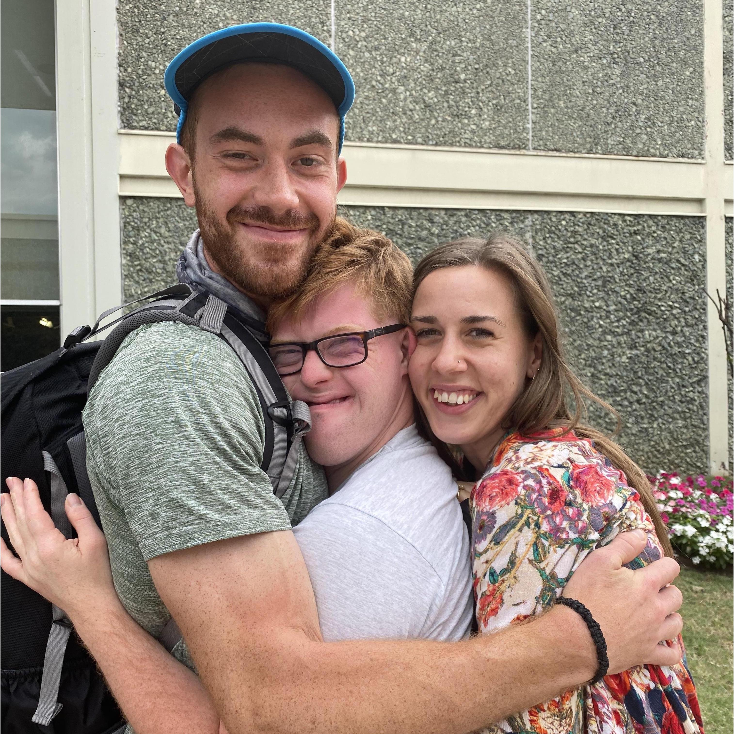 Giving big hugs to Stephen's youngest brother, Nate, at the end of a recent trip to Arkansas.