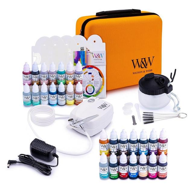 Watson & Webb Studio Collection - Cake Airbrush Decorating Kit - Inc Professional Mains Powered Spray Gun, 25 Vibrant Colors, Stencils, Case, Spraytidy, Tools - for Food, Cakes, Cookies & Baking
