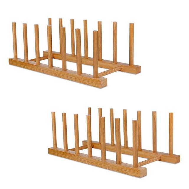 SAMEBUTECO Bamboo Wooden Plate Racks Dish Stand Holder Vertical Drainer Kitchen Cabinet Organizer for Dish, Pots, Lids, Bowls, Cups, and Cutting Boards and Books(2 Packs)