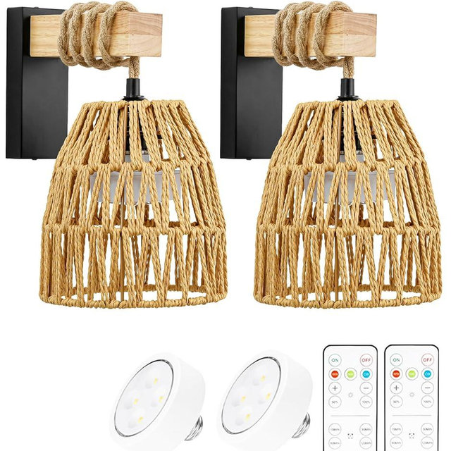 Battery Operated Wall Sconces, Set of 2 Rattan Boho Wireless Sconce with Remote Control, Ideal for Bedroom, Living Room, Entryway – LED Wall Sconce