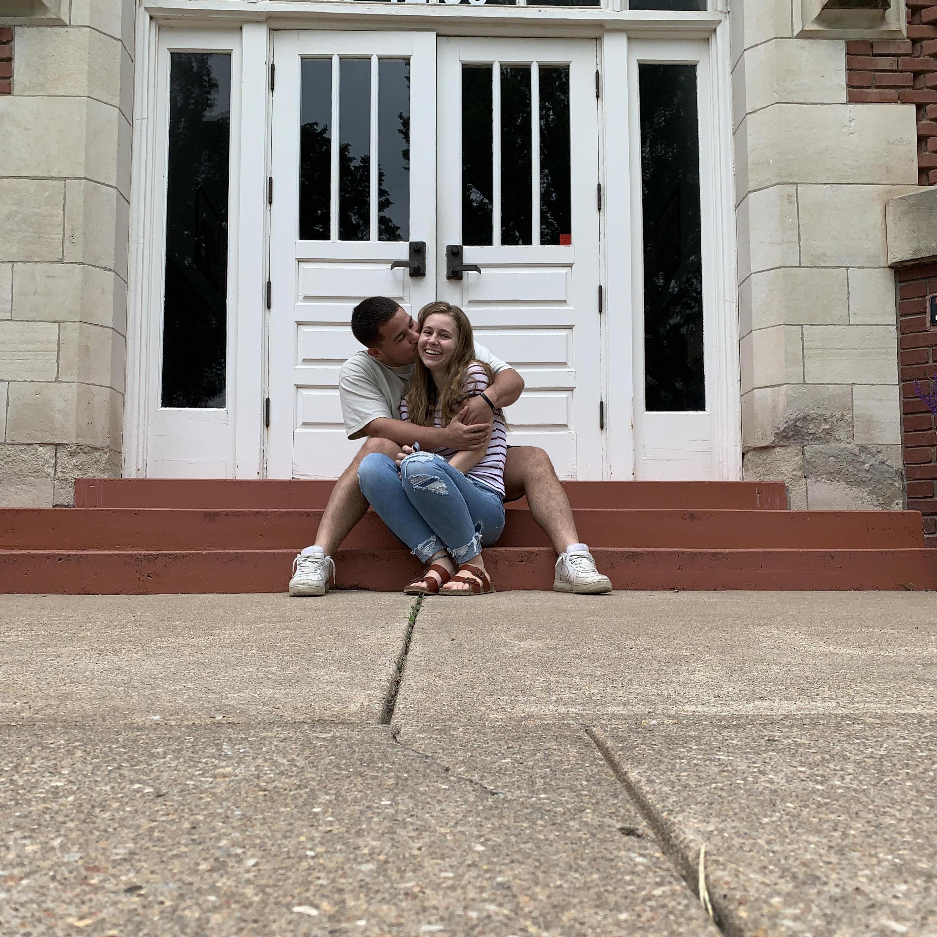 Recreation of where Rachel's dad kissed her mom on the cheek for the first time at Central Christian College in McPherson, KS (May 2021)