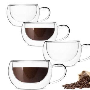DeeCoo Double Wall Cappuccino Mugs 10oz, Clear Coffee Mug Set of 4 Espresso Cups, Insulated Glass with Handles (Latte Glasses,Tea)