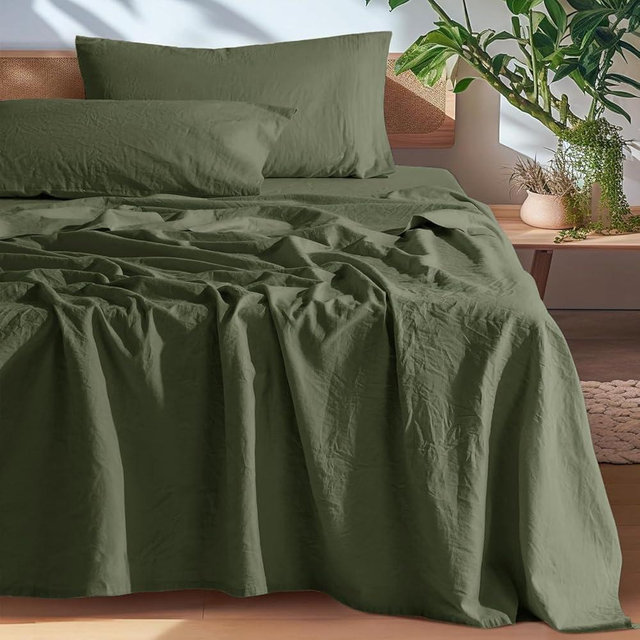 SONORO KATE 100% French Pure Linen Sheets, Breathable and Durable Line Sheets, Anti-Tear Line Bed Sheets, Machine Washable, 16 Inch Deep Pocket - 4 Piece (Olive Green, California King)