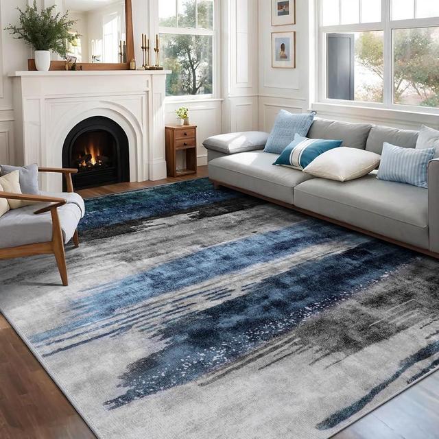 Ciicool Modern Abstract Deep Blue Gray Rug for Living Room, 8'x10' Machine Washable Area Rug Non-Slip Rug, Low-Pile Contemporary Indoor Dining Floor Carpet for Bedroom Office Under Table Home Decor