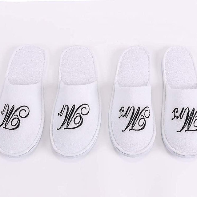 Romance Helpers Mr and Mrs Couple Slipper Gift Set | Set of 2 Matching Spa Hotel Bath Slippers for Couples