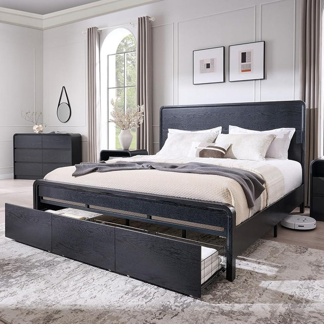 Aitjunz Modern King Size Bed Frame with 50" Tall Headboard, Wood King Size Platform Bed Frame w/3 Storage Drawers, Curved Profile Design, Wood & Steel Platform Bed, No Box Spring Needed, Black