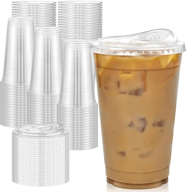 Dealusy 100 Pack - 20 oz Clear Plastic Cups with Lids, Sturdy & Food Safe Iced Coffee Cups with lids, Iced Coffee Cup, Disposable Cups Plastic Coffee Cups Smoothie Cups for Cold Drinks, Sip Lids