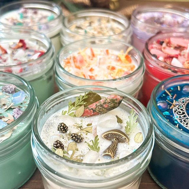 Intention Candles Infused with Crystals and Herbs, Homemade Meditation Manifestation Crystal Candle, Witchy Spiritual Gifts for Her 4 ounces