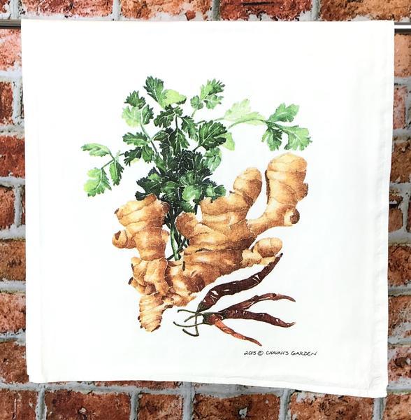 Ginger, Cilantro, Red Chile Tea Towel, Herb and Spice Kitchen Towel