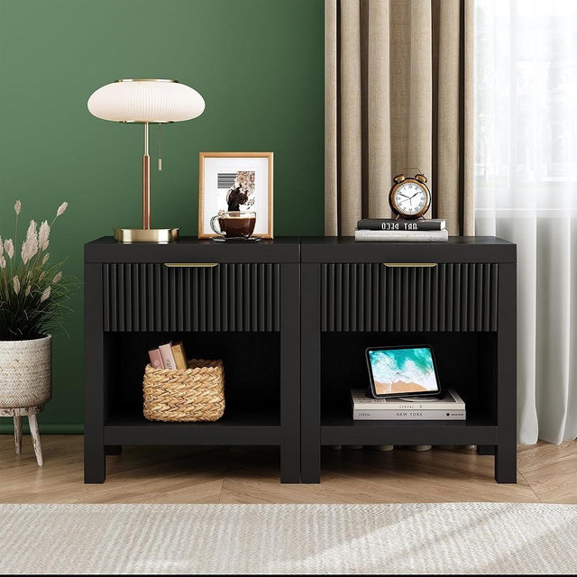 NRITOBY Nightstand Set of 2, Mid Century Modern Wooden Farmhouse Fluted Cabinet Bedside Cabinet, Boho End Table Side Table with Storage Drawer and Open Shelf, for Living Room, Office (Black)