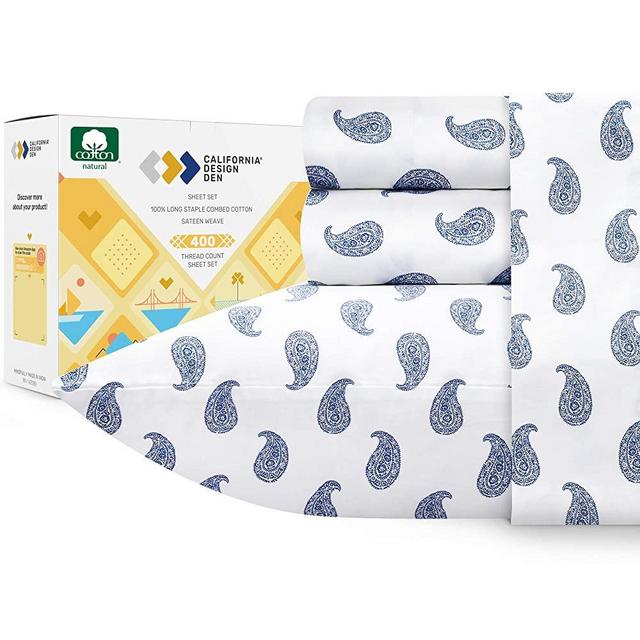 400-Thread-Count 100% Cotton Sheets for Bed - 4-Piece Paisley Blue King Size Printed Sheet Set - Long-Staple Combed Cotton Bed Sheets, Sateen Weave, Fits Mattress 16'', Deep Pocket