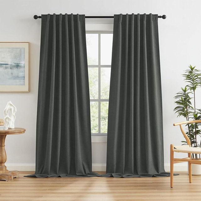 Full Blackout Curtains Dark Grey 132 Inches Long 2 Panels Set, Extra Long Back Tab Rod Pocket Hook Belt Linen Curtains, Haevy Duty Vertical Tall Curtains for Bedroom Hall,1 Pair, 50W x 132L