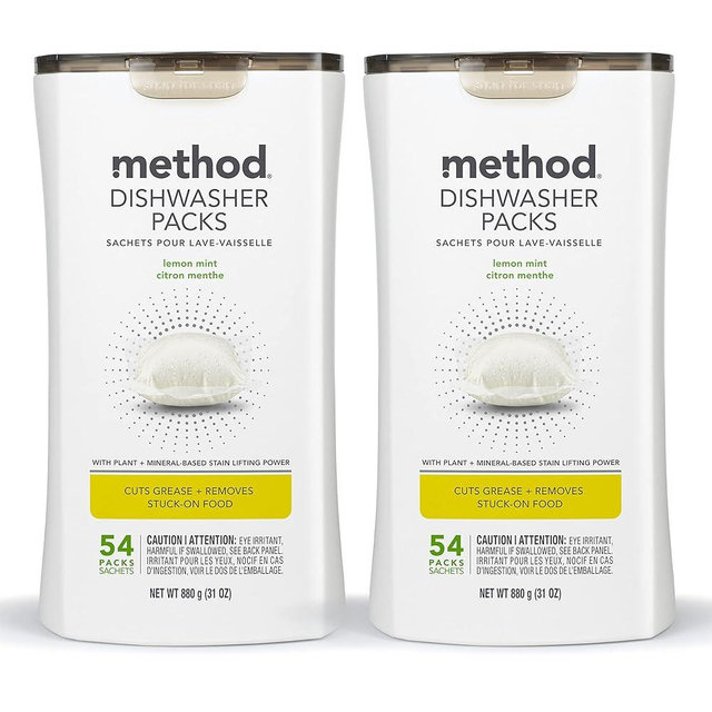 Method Dishwasher Detergent Packs, Lemon Mint, Dishwashing Rinse Aid to Lift Tough Grease and Stains, 54 Dishwasher Tabs per Package, (Pack of 2)