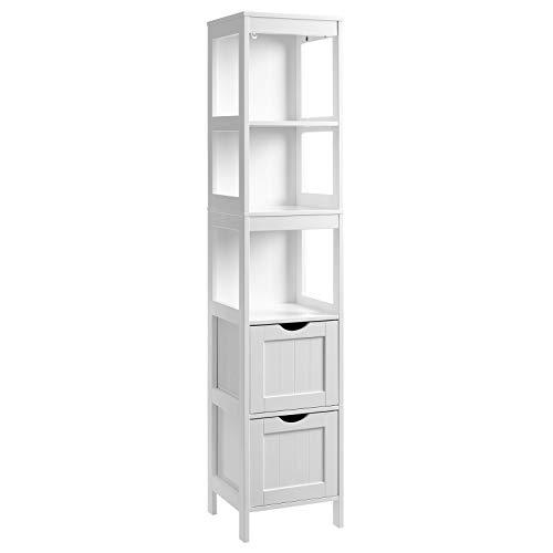 VASAGLE Bathroom Tall Cabinet, Linen Tower, Floor Storage Cupboard, with 2 Drawers and 3 Open Shelves, 11.8 x 11.8 x 55.7 Inches, for Bathroom, Living Room, Kitchen, White UBBC66WT