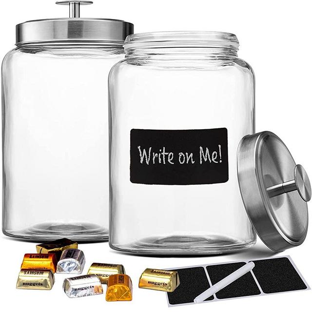 2 1-Gallon Glass Jars with Stainless Steel Airtight Lids + Marker & Labels, Cookie Jar & Candy Jar for Buffet, Coffee & Flour Canister Sets for Kitchen Counter, Laundry Room Storage & Pantry