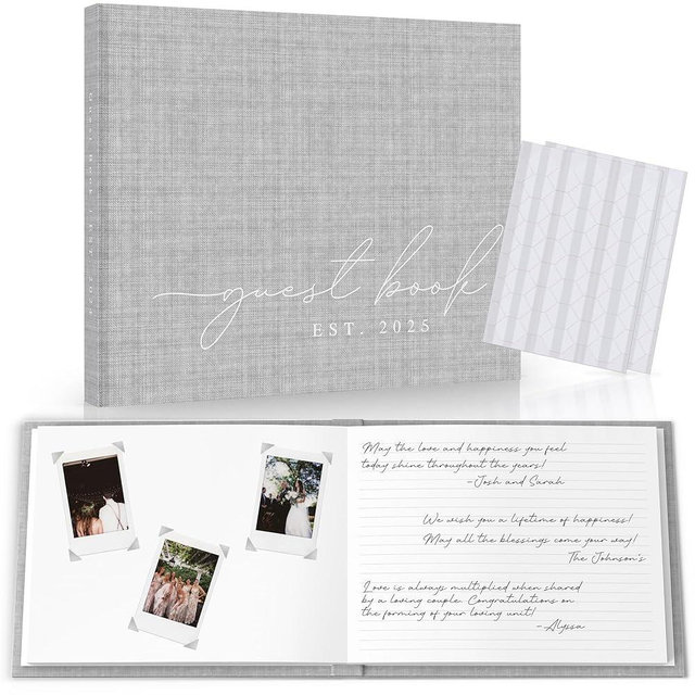 Wedding Guest Book With Personalized 2025 Year - Linen Photo Guestbook to Sign at Reception Party - Includes Clear Photo Corners Self Adhesive - 100 Pages Blank and Lined Thick Paper Guest Books