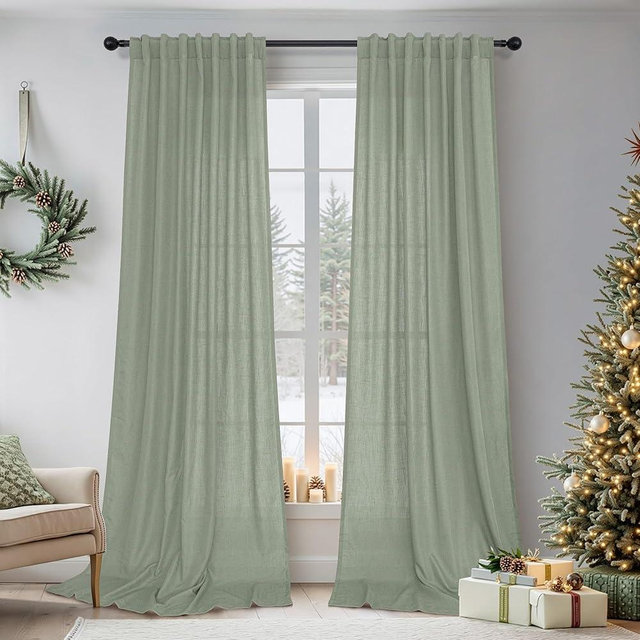 Sage Green Curtains 90 Inches Long for Living Room 2 Panels Back Tab Rod Pocket Casual Flowy Light Reducing Semi Transparent Linen Sheer Light Green Curtain for Bedroom Floor Length Drapes Boho Rustic