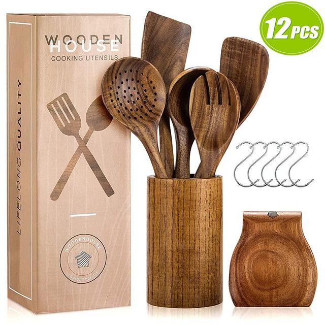 Wooden Utensils for Cooking Set with Holder, Natural Nonstick Teak Wood Spoons Spatula and Spoon Rest, Cookware for Kitchen, Handmade Utensil Pieces, Durable Tools, Healthy and Eco-friendly, Set of 12