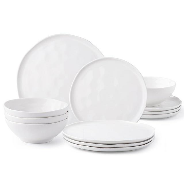 LERATIO Ceramic Dinnerware Sets of 4,Porcelain Plates and Bowls Sets with Wavy Edge,Microwave & Dishwasher & Oven Safe,Light Weight & Scratch Resistant Dishes Sets-Service for 4 (12pcs)-White