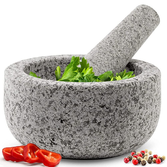 Heavy Duty Small Mortar and Pestle Set, Hand Carved from Natural Granite, Make Fresh Guacamole, Salsa, Pesto, Stone Grinder Bowl, Herb Crusher, Spice Grinder, 5.5" Wide, 1.5 Cup, Grey