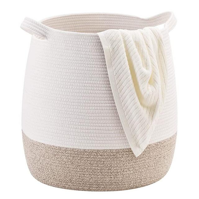 MINTWOOD Design Large 17.7" x 17.7" Decorative Woven Cotton Rope Basket, Blanket Basket for Living Room, Laundry Basket/Hamper, Storage Baskets with Handles for Toys, Throws, Pillows, Towels, Shoes