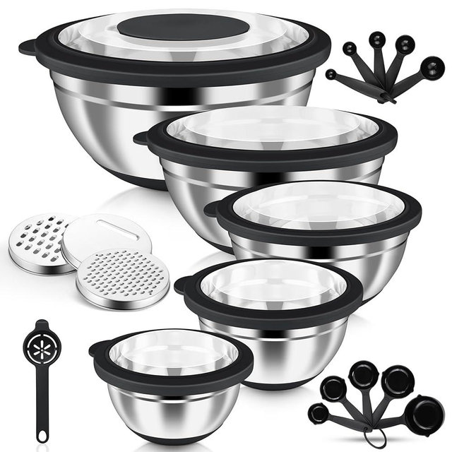 HaWare Mixing Bowls, 24-Piece Stainless Steel Salad Serving Bowl with Airtight Clear Lids, Metal Nesting Bowl For Kitchen Cooking Prepping Storing with 3 Graters, 4.6/2.6/1.5/1/0.7 QT, Black