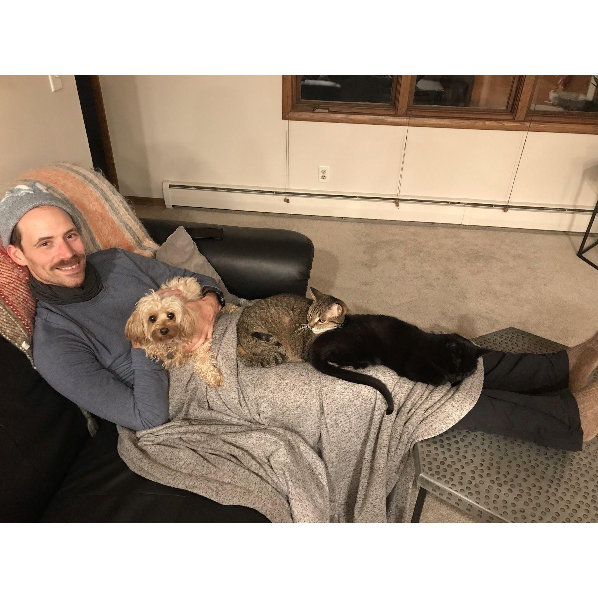 And here's one of Grant with all 3 of our fur babies - Honey, Archie and Uma