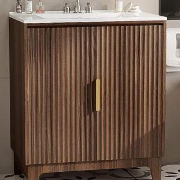 VINGLI 30 inch Bathroom Vanity with Ceramic Sink Walnut Fluted Modern Sink Cabinet for Small Bathroom Mid-Century Design