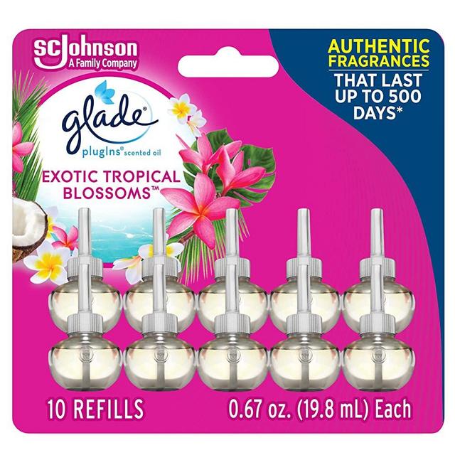 Glade PlugIns Refills Air Freshener, Scented and Essential Oils for Home and Bathroom, Exotic Tropical Blossoms, 6.7 Fl Oz, 10 Count (Packaging May Vary)
