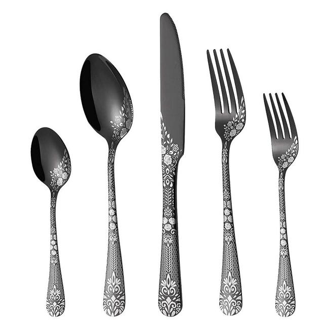 PHILIPALA 20-piece Silverware, Stainless Steel Flatware Set for 4 people, Black Cutlery Set, Knives and Forks and Spoons Sets, Unique Pattern Design, Mirror Polish and Dishwasher Safe