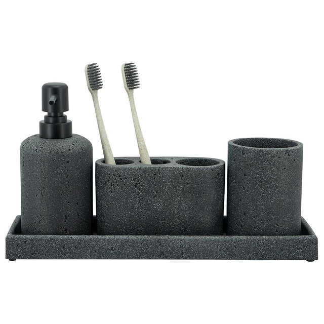 ZCCZ -Black Bathroom accessories set 4 Pcs - Toothbrush Holder, Soap Dispenser, Vanity Tray, Bathroom Tumbler - Countertop Vanity Organizer - Bathroom accessory set- Toothbrush Holder Set, Black Stone