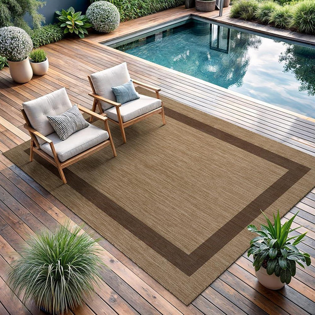 CAMILSON Outdoor Rug 9x12 - Large Modern Outside Rugs for Patios Porches Waterproof Durable Washable Non-Shedding, Easy-to-Clean Indoor Outdoor Area Carpet (9 x 12, Bordered - Jute)