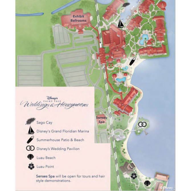 Map of Disney's Grand Floridian Resort. Includes label for Sago Cay, the Wedding Pavilion and Luau Beach.